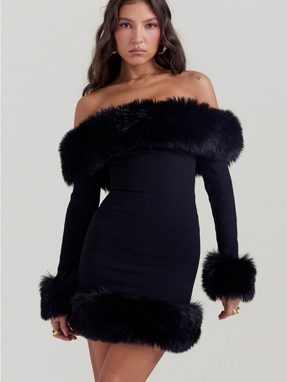 House of CB Black Off-Shoulder Faux Fur Trim Mini Dress